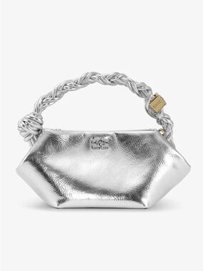 NWT GANNI Bou Mini Bag Silver Metallic Leather Top Handle Logo Bag Purse